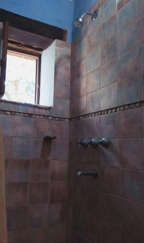a bathroom with a shower with a window at La Casa de Tilcara in Tilcara
