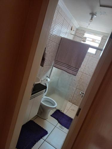 a small bathroom with a toilet and a shower at Siene Rosa in Barretos