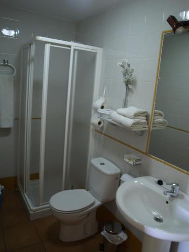 a bathroom with a shower and a toilet and a sink at Apartamentos Arroyo Parrilla in La Iruela