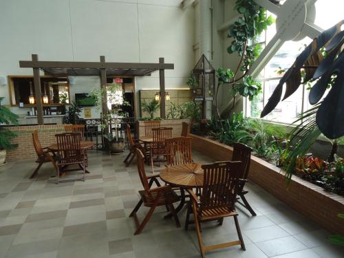 a restaurant with wooden tables and chairs and plants at Hotel L'Oie des neiges in Lévis