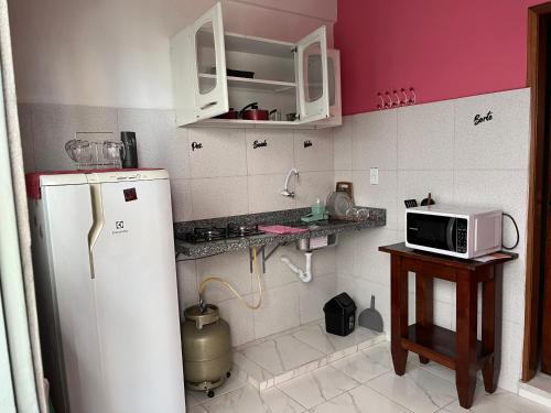 una pequeña cocina con nevera y microondas en Luso Apartamentos, en Manaus