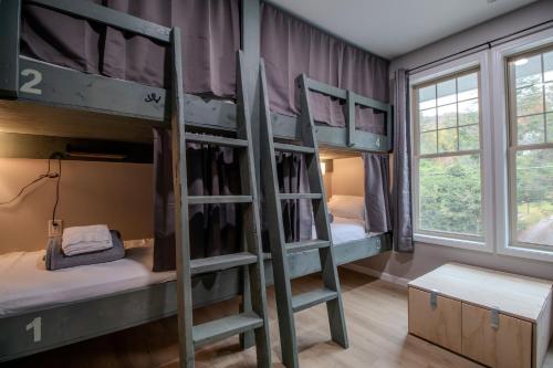 Pokój z łóżkiem piętrowym z 2 łóżkami piętrowymi i oknem w obiekcie The Lazy Tiger Hostel w mieście Woodfin