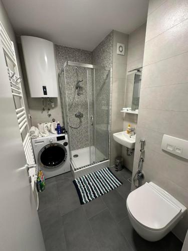 een badkamer met een douche, een toilet en een wastafel bij Bjelasnica studio apartment in Bjelašnica