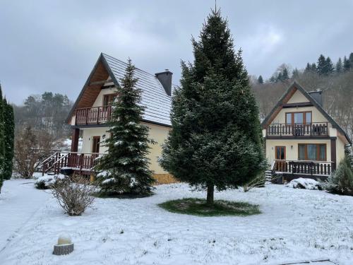 Una casa con dos árboles de Navidad en la nieve en Oaza Huzele en Hużele