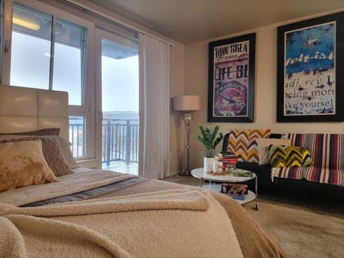 a bedroom with a bed and a couch and a window at Beautiful cozy suit in downtown in San Diego