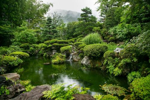 a pond in the middle of a garden at 川魚・山菜料理　和田屋 in Hakusan