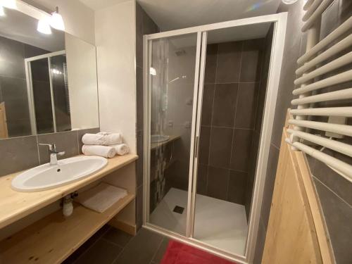a bathroom with a shower and a sink at Chalet familial spacieux et lumineux à 5 min du centre, avec balcon, Wi-Fi, proche des pistes - FR-1-342-312 in Beaufort
