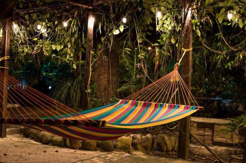 a hammock in a garden with lights at Hotel Quilas in Huichihuayán