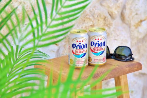 two cans of otron beer sitting on a wooden table at クラリス大川 A号室 in Ishigaki Island