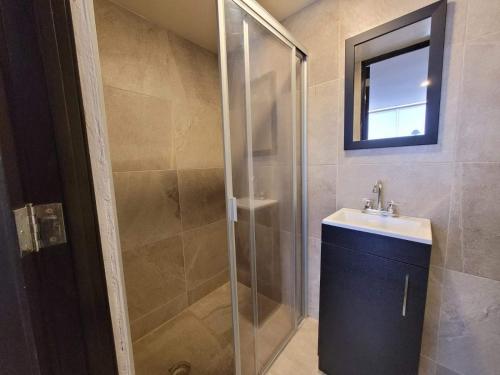 a bathroom with a shower and a sink and a mirror at Departamento Amueblado in Puebla