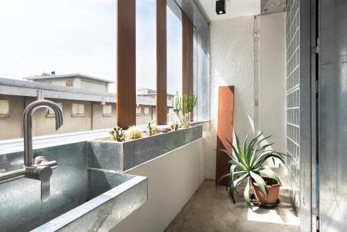 台南的住宿－軟寓 nńg inn，一间带水槽的浴室和一个带植物的窗户