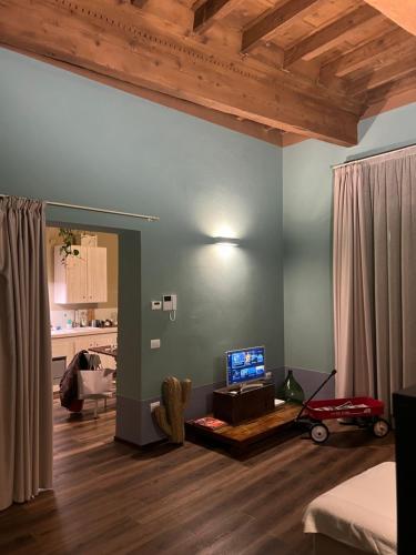 uma sala de estar com um sofá e uma televisão numa mesa em Casa Asja: Cromatismo in centro storico em Cesena