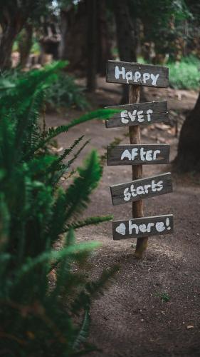 a sign that says happy ever after starts here at Vindoux Tree House Guest Farm & Spa in Tulbagh