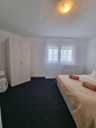 Camera bianca con 2 letti e finestra di Apartament cu o camera a Hunedoara
