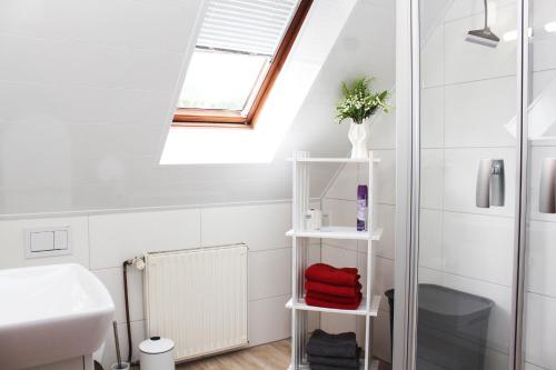a bathroom with a skylight and a shower at Ferienwohnung Zum Gerdautal in Böddenstedt