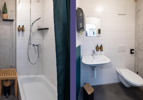 twee afbeeldingen van een badkamer met een wastafel en een douche bij Ambrosia Hüsli in Rheinfelden