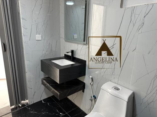 Angelina Luxury Camp في العقبة: حمام أبيض مع حوض ومرحاض