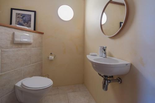 a bathroom with a toilet and a sink and a mirror at Tokongawa Retreat in Kaiteriteri