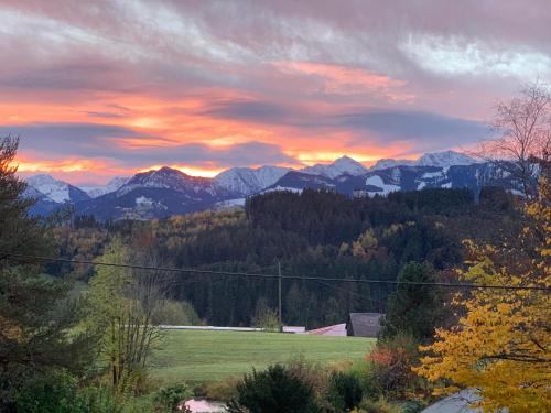a sunset over a field with mountains in the background at Ferienwohnungen Probst in Ofterschwang
