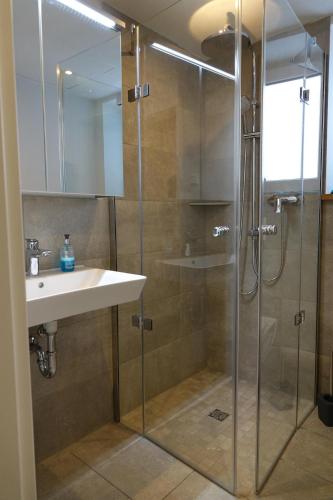 a bathroom with a sink and a shower at Ferienwohnungen Probst in Ofterschwang