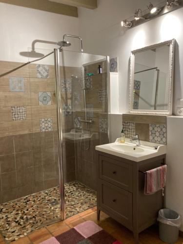 une salle de bain avec douche et lavabo dans l'établissement Le moulin du pont, chambre double indépendante., à Mordelles