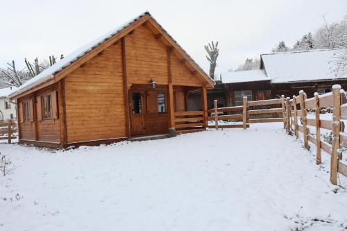 una cabina di legno nella neve con una recinzione di Chalet des fontaines claires ad Aydat