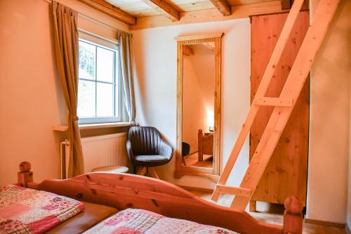 ein Schlafzimmer mit einem Etagenbett und einer Leiter in der Unterkunft Müllerleile Hof in Haslach im Kinzigtal