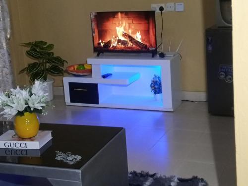a living room with a fireplace and a tv at one bedroom in oj town ruiru in Kiambu