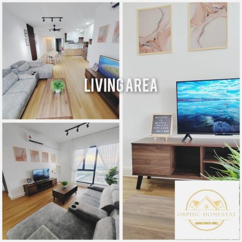 a collage of three pictures of a living room at ORPHIC Homestay @ Bandar Country Homes, Rawang in Rawang