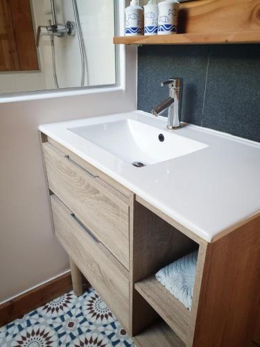 a bathroom vanity with a sink and a mirror at WhispeRive Lodge - le vert aux bords de rive in Le Bourg-dʼOisans