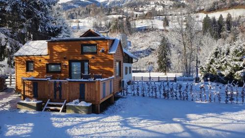 una cabaña de madera en la nieve con una valla en Tiny House Waldschmied 1, 