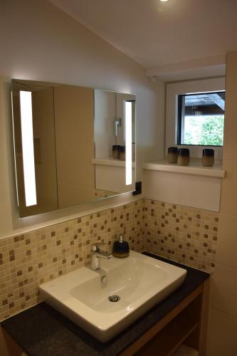 a bathroom with a sink and a mirror at Ella's in Fusch an der Glocknerstraße