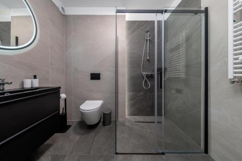 e bagno con doccia, servizi igienici e lavandino. di Bielsko Bliss Suites a Bielsko-Biała