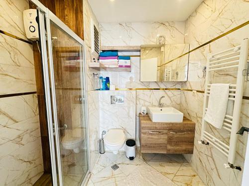 a bathroom with a shower and a toilet and a sink at Harika konumlu popüler ev 2+1 in Kaleköy