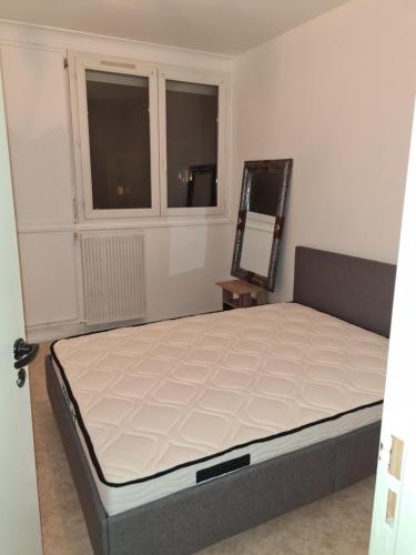 een slaapkamer met een bed, een spiegel en een raam bij Chambre chez l'habitant in Saint-Étienne