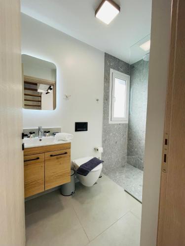 a bathroom with a toilet and a sink and a shower at Villa Rodelia 1 in Roda