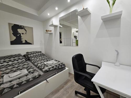 um quarto com uma cama, uma secretária e uma cadeira em Smart studio in the heart of Budapest em Budapeste