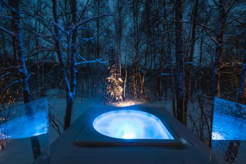a hot tub in a snowy forest at night at Maidla Nature Resort in Maidla