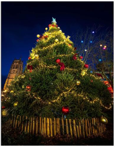 a christmas tree in front of a building with lights at Maison de Ville restylée avec jardin, proche gare in Dunkerque