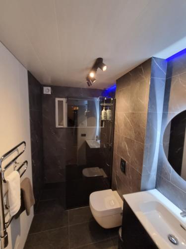 a bathroom with a toilet and a sink at Arctic Exclusive Ranch in Kirkjubæjarklaustur