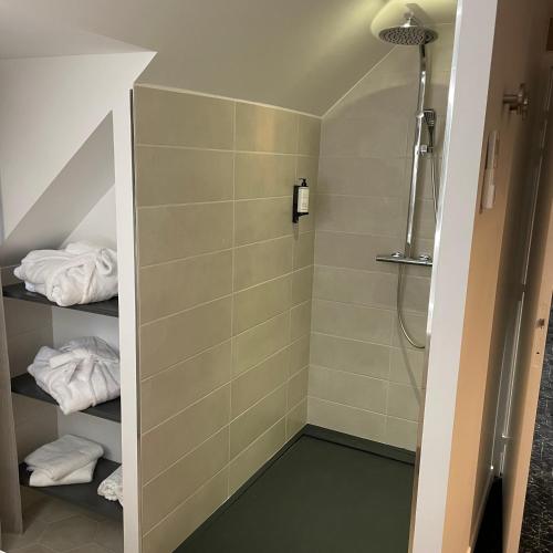 a bathroom with a shower with towels on shelves at Le Sainte Jeanne in Cormeilles-en-Vexin
