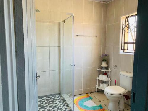 a bathroom with a toilet and a glass shower at Be-My-Guest Holiday Apartment in Maseru