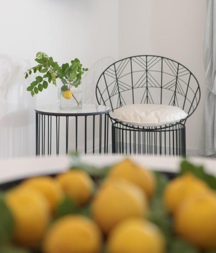 a chair and a plant in a vase on a table at Aeolos Villas Sustainable Living in Agkidia