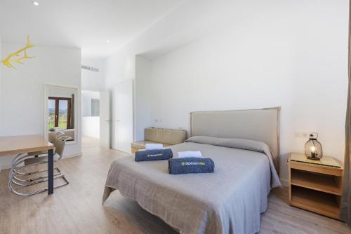 um quarto com uma cama com duas almofadas azuis em Villa Vinya III em El Port