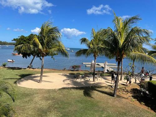 een strand met palmbomen en een waterlichaam bij Tropics retreat in Rivière Noire