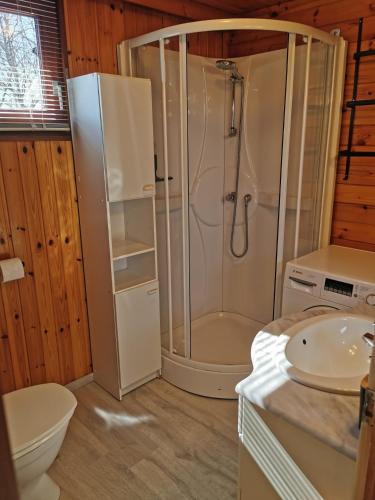 a bathroom with a shower and a toilet and a sink at Chalet HEUREux in Somme-Leuze