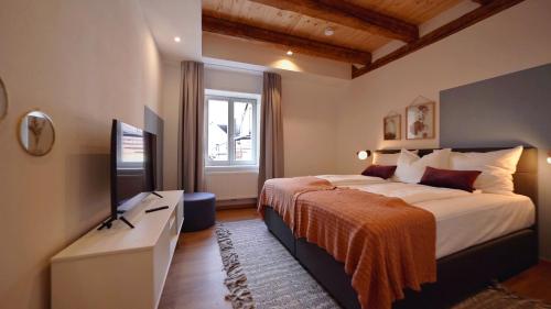 a bedroom with a large bed and a television at Hotel Johannishof in Wernigerode