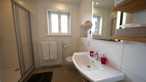 a bathroom with a sink and a toilet and a mirror at Hotel Johannishof in Wernigerode