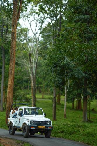 a white jeep driving down a road in a park at Kuruva Island Resort And Spa - By KABINI BREEZE in Mananthavady
