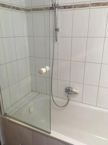 a shower with a glass door in a bathroom at Central in Dornbirn